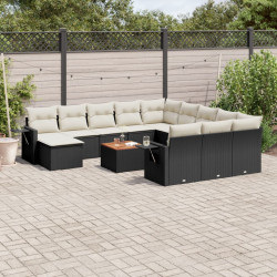 13 Pcs conjunto de sofás de jardim com almofadões vime PE preto