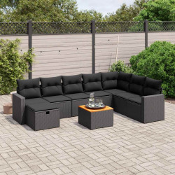 9 Pcs conjunto de sofás p/ jardim c/ almofadões vime PE preto