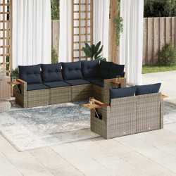 7 Pcs conjunto sofás p/ jardim c/ almofadões vime PE cinzento
