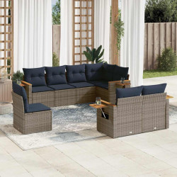 8 Pcs conjunto sofás p/ jardim c/ almofadões vime PE cinzento