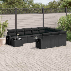 11 Pcs conjunto sofás de jardim c/ almofadões vime PE preto