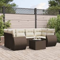 7 Pcs conjunto de sofás jardim c/ almofadões vime PE castanho