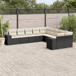 10 Pcs conjunto sofás de jardim c/ almofadões vime PE preto