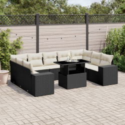 10 Pcs conjunto sofás de jardim c/ almofadões vime PE preto
