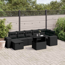 8 Pcs conjunto sofás de jardim com almofadões vime PE preto