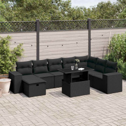 9 Pcs conjunto de sofás p/ jardim c/ almofadões vime PE preto