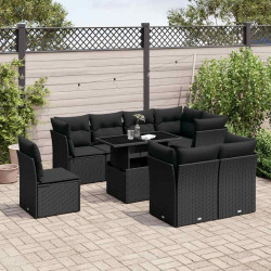 9 Pcs conjunto de sofás p/ jardim c/ almofadões vime PE preto