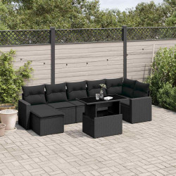 8 Pcs conjunto sofás de jardim com almofadões vime PE preto