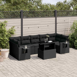 8 Pcs conjunto sofás de jardim com almofadões vime PE preto