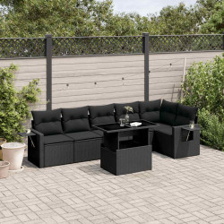 7 Pcs conjunto de sofás p/ jardim c/ almofadões vime PE preto