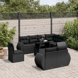 9 Pcs conjunto de sofás p/ jardim c/ almofadões vime PE preto