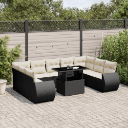 10 Pcs conjunto sofás de jardim c/ almofadões vime PE preto