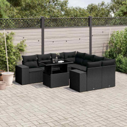 9 Pcs conjunto de sofás p/ jardim c/ almofadões vime PE preto