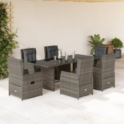 7 Pcs conjunto de jantar p/ jardim c/ almofadões vime PE cinza