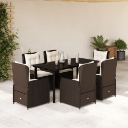 7 Pcs conjunto jantar p/ jardim c/ almofadões vime PE castanho