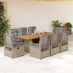 9 Pcs conjunto de jantar p/ jardim com almofadões vime PE bege