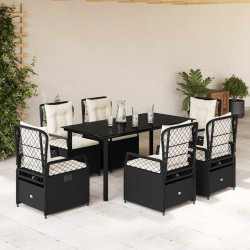 7 Pcs conjunto de jantar p/ jardim c/ almofadões vime PE preto