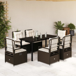 7 Pcs conjunto jantar p/ jardim c/ almofadões vime PE castanho