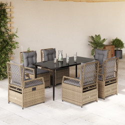 7 Pcs conjunto de jantar p/ jardim com almofadões vime PE bege
