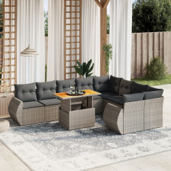 10 Pcs conjunto sofás de jardim c/ almofadões vime PE cinzento