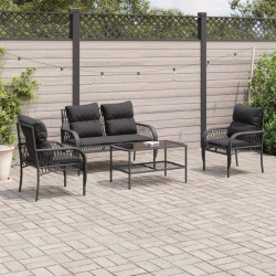 4 Pcs conjunto de sofás para jardim c/ almofadões vime PE preto