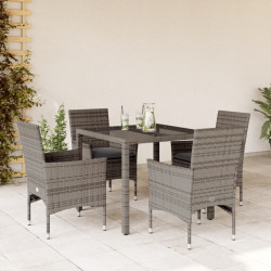 5 Pcs conjunto jantar jardim c/ almofadões vime PE/vidro cinza