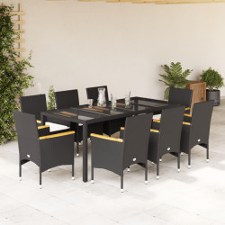 9 Pcs conjunto jantar jardim c/ almofadões vime PE/vidro preto