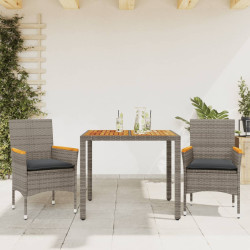 3 Pcs conjunto jantar jardim c/ almofadões vime PE/acácia cinza