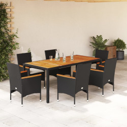 7 Pcs conjunto jantar jardim c/ almofadões vime PE/acácia preto