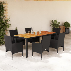 7 Pcs conjunto jantar jardim c/ almofadões vime PE/acácia preto