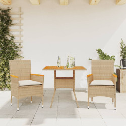 3 Pcs conjunto jantar jardim c/ almofadões vime PE/acácia bege