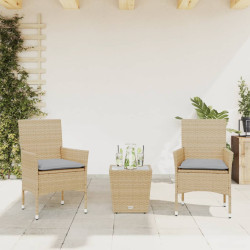 3 Pcs conjunto de bistrô com almofadões vime PE/vidro bege