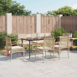 7 Pcs conjunto de jantar p/ jardim com almofadões vime PE bege