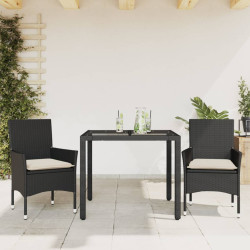 3 Pcs conjunto jantar jardim c/ almofadões vime PE/vidro preto
