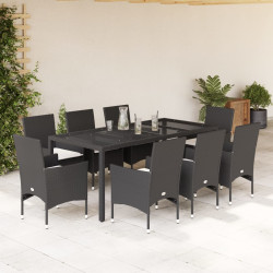9 Pcs conjunto jantar jardim c/ almofadões vime PE/vidro preto