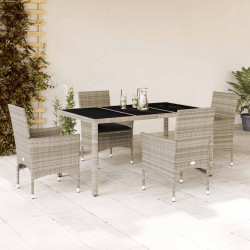 5 Pcs conjunto jantar jardim c/ almofadões PE/vidro cinza claro