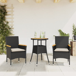 3 Pcs conjunto jantar jardim c/ almofadões vime PE/acácia preto