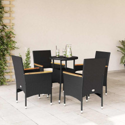5 Pcs conjunto jantar jardim c/ almofadões vime PE/vidro preto