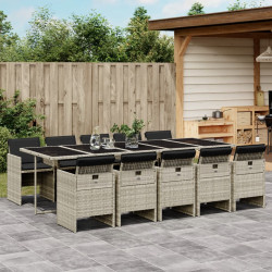11 Pcs conjunto jantar p/ jardim c/ almofadões vime PE cinzento