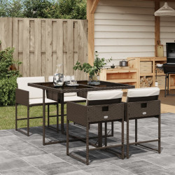 5 Pcs conjunto jantar p/ jardim c/ almofadões vime PE castanho
