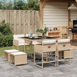 9 Pcs conjunto de jantar p/ jardim com almofadões vime PE bege