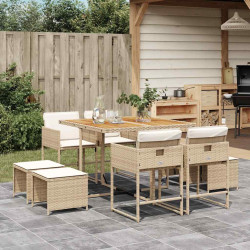 9 Pcs conjunto de jantar p/ jardim com almofadões vime PE bege