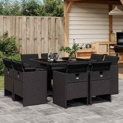9 Pcs conjunto de jantar p/ jardim c/ almofadões vime PE preto