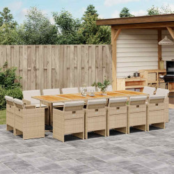 15 Pcs conjunto de jantar p/ jardim com almofadões vime PE bege