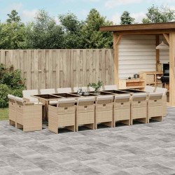 17 Pcs conjunto de jantar p/ jardim c/ almofadões vime PE bege