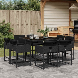 9 Pcs conjunto de jantar p/ jardim c/ almofadões vime PE preto