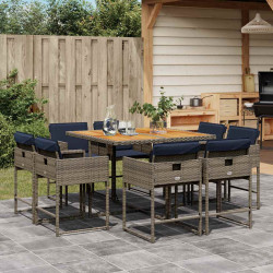 9 Pcs conjunto de jantar p/ jardim c/ almofadões vime PE cinza