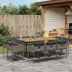 11 Pcs conjunto jantar p/ jardim c/ almofadões vime PE cinzento