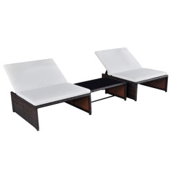 Cadeiras jardim reclináveis 2 pcs c/ mesa vime PE castanho