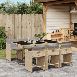 7 Pcs conj. jantar jardim c/ almofadões vime PE bege misturado